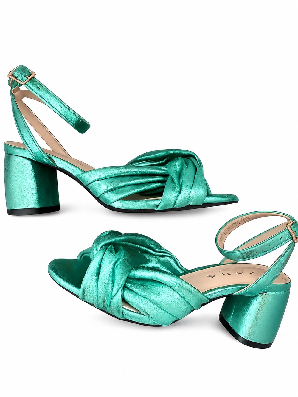 Zara Trafaluc Metallic Green Knot Block Heel Sandals - Women